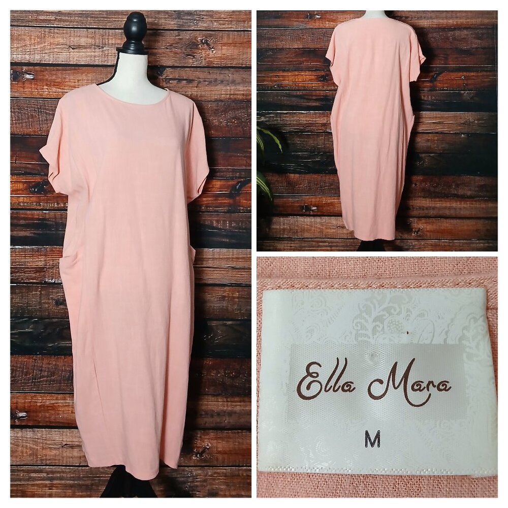 Ella Mara Vintage Midi Dress M Rayon Linen Blend Pink Oversized Tunic USA Made
